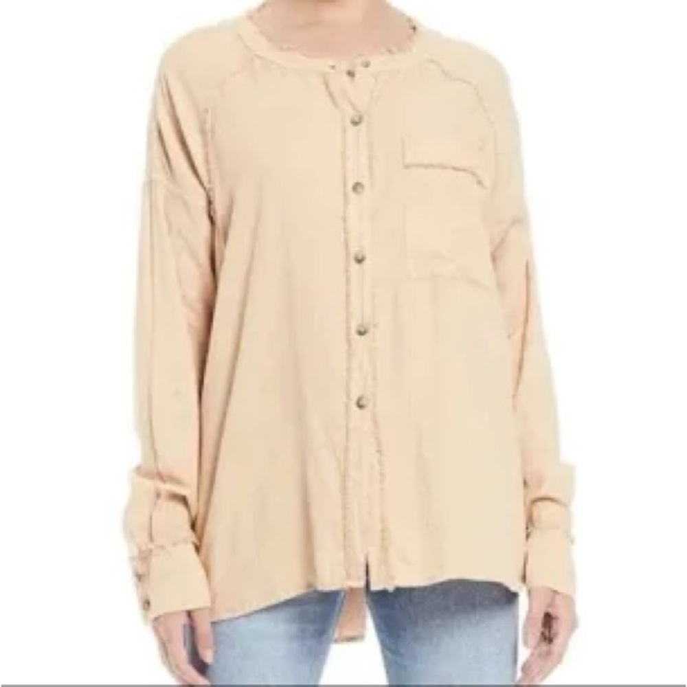 We The Free Keep it Simple Women's Cream Button-Down Shirt Linen Blend Boho - L‎